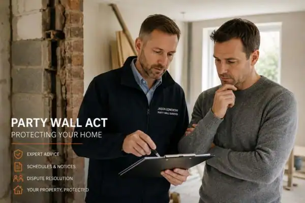 Party wall surveyor Maldon discussing extension plans with homeowner outside a UK semi-detached house.